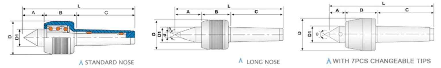 Live center dimensions - standard nose, long nose, with 7pcs changeable tips